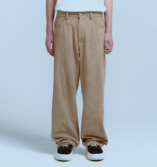 Image 2 of 5 - BROWN - NAHMIAS Suede Baggy Carpenter Pant featuring button zip closure, belt loops at waist, 5 pocket style with carpenter pocket at outseam and hammer loop. 100% leather.