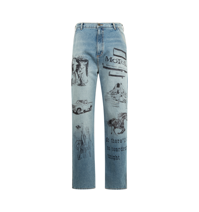 Image 1 of 3 - BLUE - ONE OF THESE DAYS All Over Print Painters Jeans featuring zip fly and button closure, 5-pocket styling and midweight denim fabric. 100% cotton.