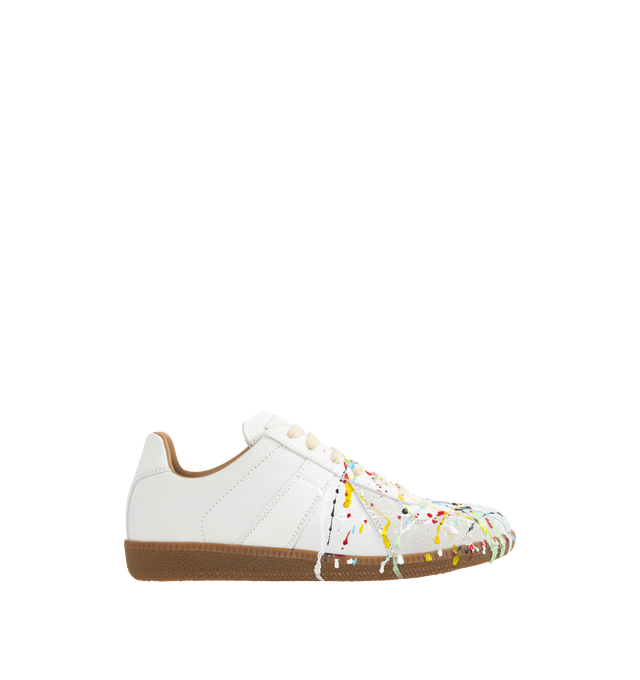 Image 1 of 5 - WHITE - MAISON MARGIELA Paint Replica Sneakers featuring nubuck leather and velour, a paint splatter design, logo label on the tab, white stitching at the back, handmade color treatment, internal Replica label, internal elastic and all-over logo insole. 100% calf leather. Made in Italy