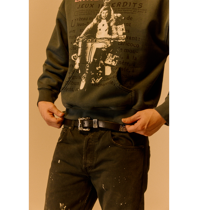 Image 2 of 3 - BLACK - ENFANTS RICHES DEPRIMES Classic Rose Buckle Belt featuring premium black leather, an ornate antique silver buckle engraved with roses and thorns, and ERDs gothic logo detailing. 100% cow leather.