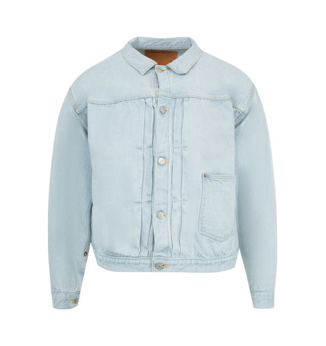 Image 1 of 2 - BLUE - KAPTAIN SUNSHINE Denim Tracker 2P Jacket featuring 13.5oz selvedge denim, boxy fitting trucker jacket, vintage look, large patch pockets, subtle accent stitching on the front and buckle detailing on the back. 100% cotton. Made in Japan.