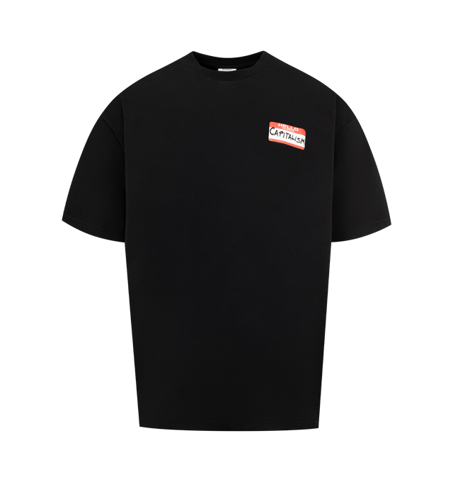 Image 1 of 2 - BLACK - VETEMENTS Sticker T-shirt featuring rib-knit crewneck, graphic at front, dropped shoulders and short sleeves. 100% cotton.