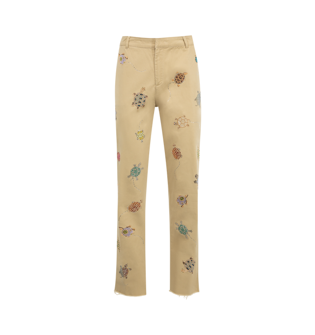 Image 1 of 3 - CHAMPAGNE - LIBERTINE Turtle TIme Chino featuring relaxed fit, straight leg, belt loops, hook and bar closure, zipper fly, front slash pockets, back welt pockets and raw hem. 97% cotton, 3% elastane. Made in China.