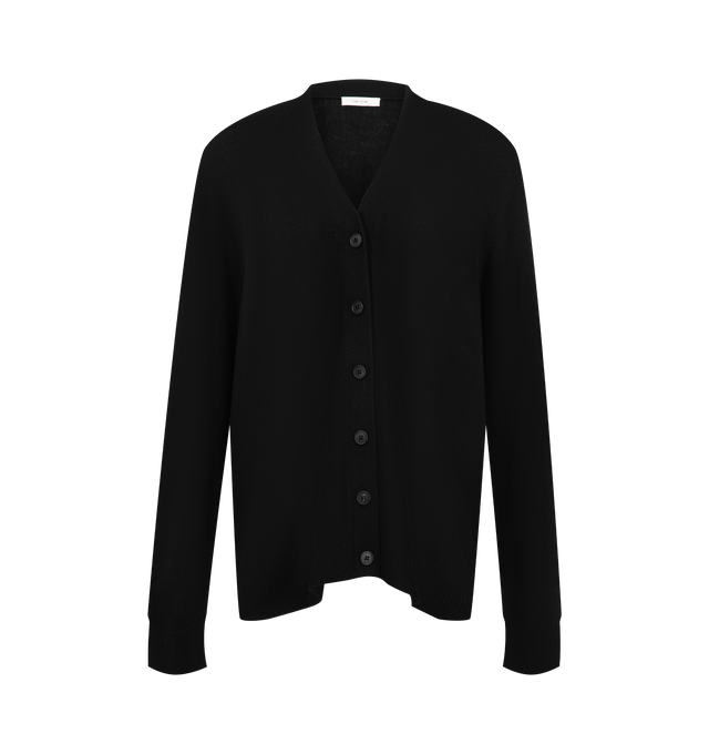 Image 1 of 2 - BLACK - The Row Women's Pelagia Cardigan is crafted from lightweight cashmere and features a relaxed silhouette with a classic V-neckline, front button closure, seamless construction, and ribbed trims at the neckline, cuffs, and hem. This designer cashmere cardigan combines exceptional Italian craftsmanship with a smooth, single-ply knit that offers lightweight warmth, natural stretch, and effortless everyday elegance. Main Material: 100% Cashmere. Made in Italy.