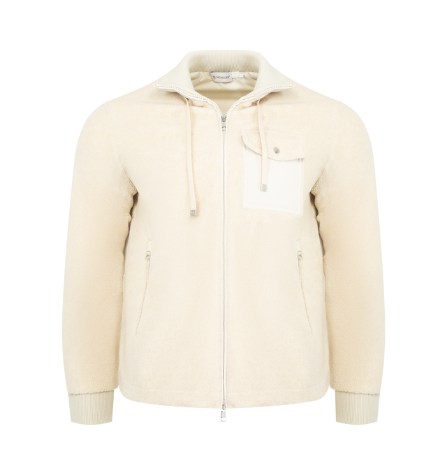 Image 1 of 3 - WHITE - MONCLER Padded Zip-Up Sweatshirt featuring teddy fleece, down-filled nylon back, adjustable stand collar, zipper closure, nylon chest pocket with snap button closure, zipped pockets and hem with drawstring fastening. 73% polyester, 27% acrylic. 100% polyester. Padding: 90% down, 10% feather. Made in Moldova.