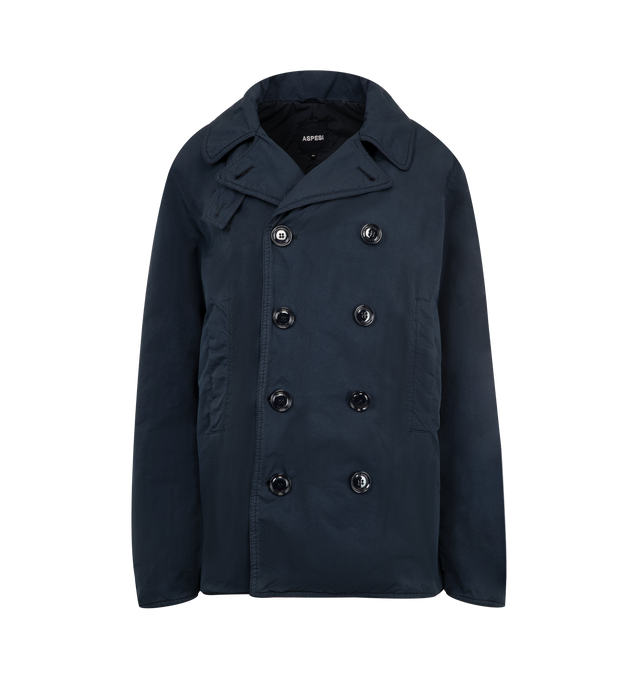 Image 1 of 3 - NAVY - ASPESI Giacca Hopper Jacket featuring short peacoat, garment-dyed finish, functional padding, bouble-button front closure, one-sided interior pocket with patch and button and chin flap. 70% polyester, 30% nylon.