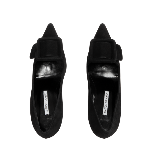 Image 4 of 4 - BLACK - MANOLO BLAHNIK suede pumps with 3.5" stiletto heel, pointed toe with tonal buckle detail, leather lining and leather sole. Made in Italy.