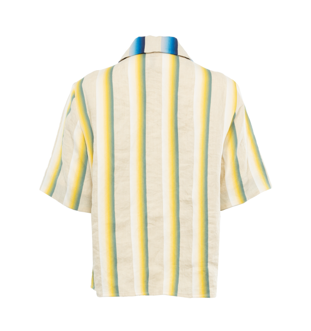 Image 2 of 3 - MULTI - ROSIE ASSOULIN Here Comes The Sun Shirt featuring striped print, sunburst patch at front, collared neck and short sleeves and partial snap button placket, 73% linen, 27% cotton. 