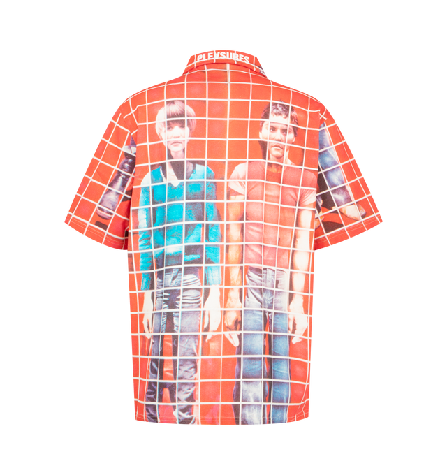 Image 2 of 2 - RED - Pleasures Mens Short Sleeve Button-Up Shirt is crafted from lightweight cotton jersey. Features a button-front closure, short sleeves, relaxed fit, and all-over digital print artwork. Main Material: 100% Cotton. Made in China.