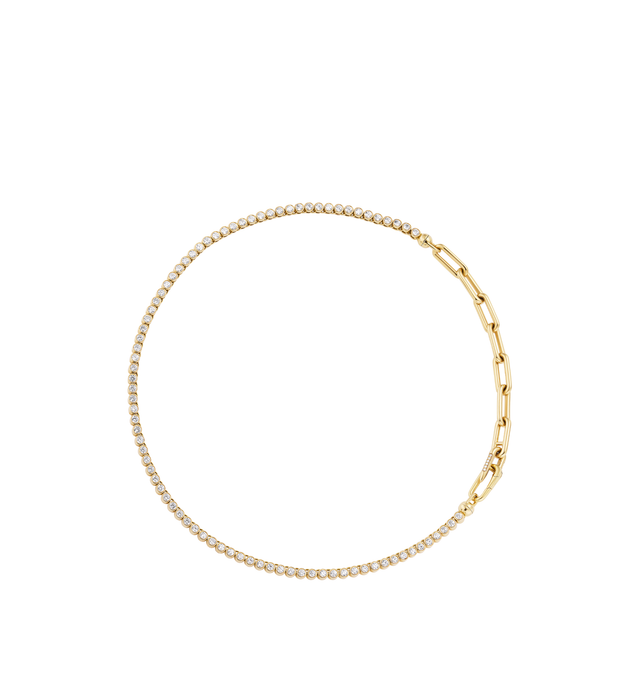 Image 1 of 3 - GOLD - Uniform Object Solid 14" 18K gold bezel set brilliant tennis necklace + 4" of heavy metal chain extender. Comes with a removable spring clasp + signature diamond encrusted spur. Crafted from 37G of 18K solid yellow gold with 8.7 TCW of 3MM round diamonds. Handmade in New York City. Hirshleifers offers a range of pieces from this collection in-store. For personal consultation and detailed information about jewelry, please contact our dedicated stylist team at personalshopping@hirshle