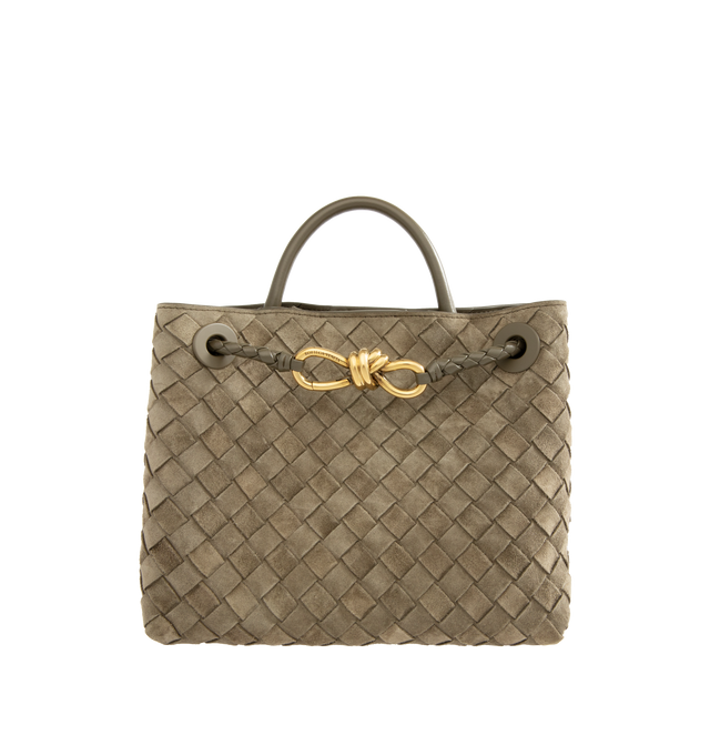 Image 1 of 4 - BROWN - Bottega Veneta Andiamo Bag has a magnetic closure, a sliding cross-body strap, an interior zip pocket, 2 interior open pockets, and brass-finished hardware. 7.9" x 9.8" x 3.9". Calfskin. Made in Italy.