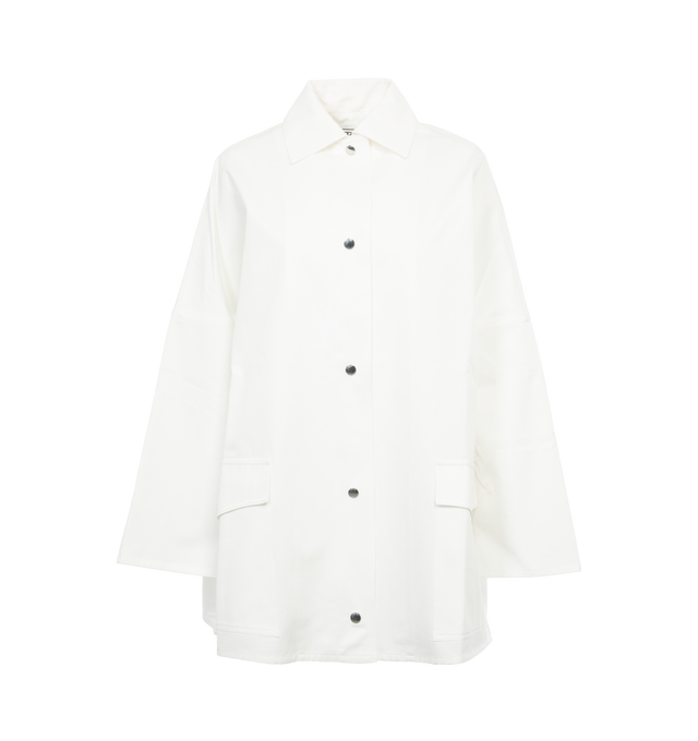 Image 1 of 3 - WHITE - TOTEME Cotton Twill Overshirt Jacket featuring oversized shape with dropped shoulders, silver-tone press buttons and flap pockets. 100% organic cotton. 