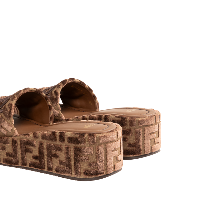 Image 3 of 4 - BROWN - FENDI Sunshine Platform Wedge Slide Sandal featuring dimensional logo embroidery tops the wide strap, slide sandal made from burnout velvet in an FF motif that also wraps the platform wedge. Textile upper, leather lining, rubber sole. Made in Italy.