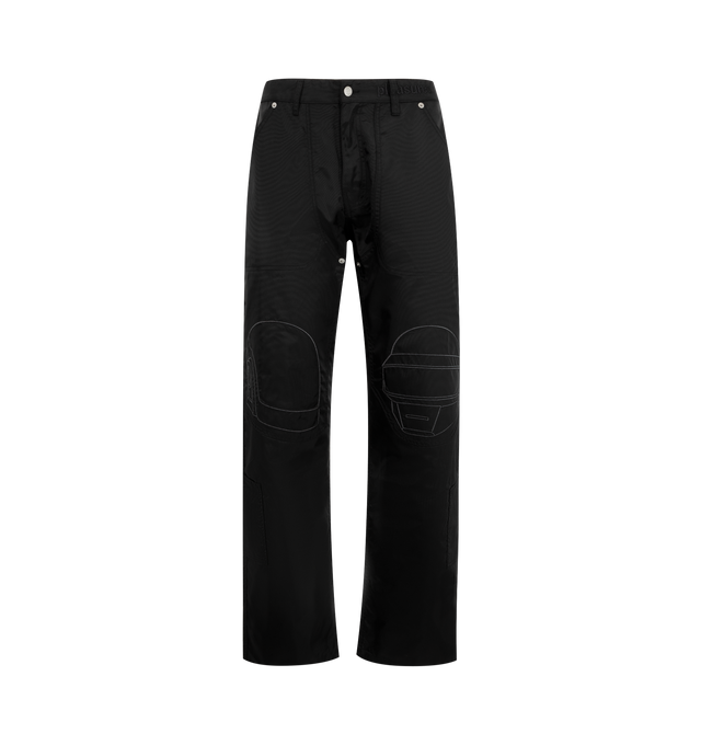 Image 1 of 3 - BLACK - PLEASURES X DAFT PUNK Helmets Nylon Work Pants featuring a zip-fly with button closure, 4-pocket design, two additional pockets towards the bottom of the legs and intricate embroidered helmet graphics on the front and a Daft Punk logo on the back. 100% nylon aviator flight satin.