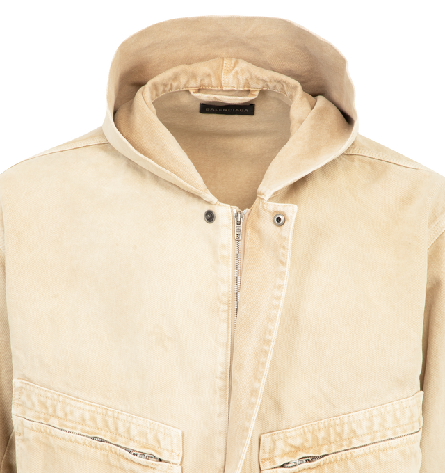 Image 4 of 4 - NEUTRAL - BALENCIAGA Cropped Hooded Workwear Jacket featuring organic cotton denim, hood, front zipper and snap closure and 2 zipped patch pockets at front. 100% cotton. Made in Italy.