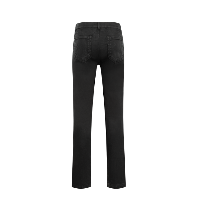 Image 2 of 3 - BLACK - RICK OWENS Vega Jeans featuring coated stretch denim jeans, belt loops, six-pocket styling, zip fly and zip vent at outseams. 91% cotton, 6% elastomultiester, 3% rubber fiber. Made in Italy.