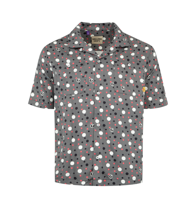Image 1 of 2 - GREY - GALLERY DEPT. Playground Shirt featuring short sleeve, button-up closure, boxy fit, camp collar, buttoned front pockets, GD buttons and print throughout. Made in Italy.