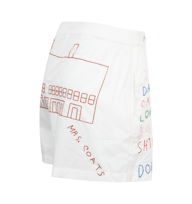 Image 3 of 3 - WHITE - BODE Familial Hall Boxer Shorts featuring elasticized waistband, two-pocket styling, button-fly, logo embroidered at front waistband and graphic embroidered at back. 100% cotton. Made in India. 