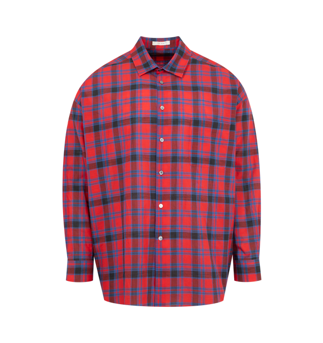 Image 1 of 2 - RED - THE ROW Lancaster Shirt featuring classic button-up shirt in semi-sheer cotton voile with regular fit, front patch pocket, and exposed front placket with horn buttons. 100% cotton. Made in Italy.