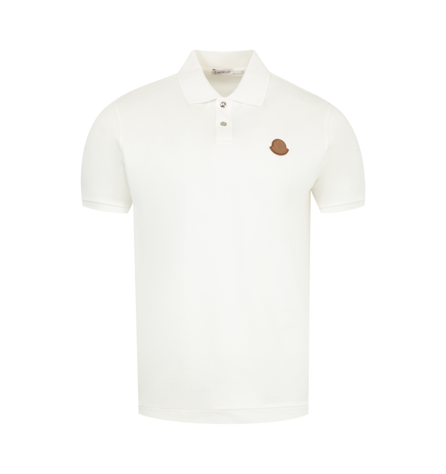 Image 1 of 2 - WHITE - MONCLER Polo Shirt in breathable cotton featuring a leather logo emblem on the chest, spread collar, double-snap placket, short sleeves, banded cuffs, straight hem and pullover style. Cotton/leather.
