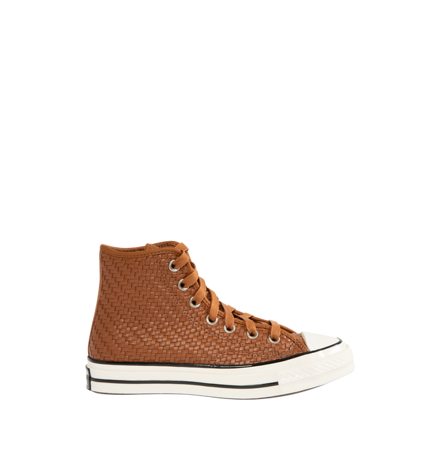 Image 1 of 5 - BROWN - CONVERSE Chuck 70 Woven Leather High Top Sneaker featuring premium woven leather upper, OrthoLite cushioning, varnished, off-white midsole and toe cap, tonal laces and signature leather Chuck Taylor ankle patch and classic All Star license plate.