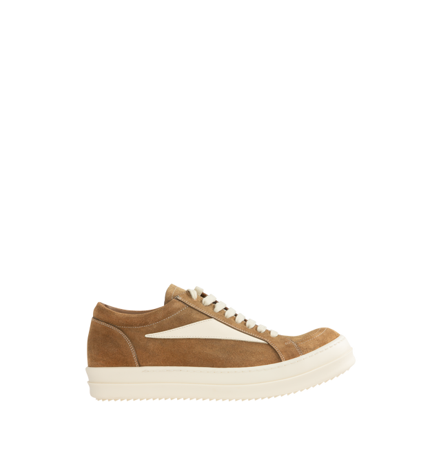 Image 1 of 5 - BROWN - RICK OWENS Vintage Sneakers featuring suede upper, padded collar, cow leather triangular leather applique on the side panels, contrast stitching, flat cotton laces and thermoplastic shark-tooth rubber outsole. Made in Italy.