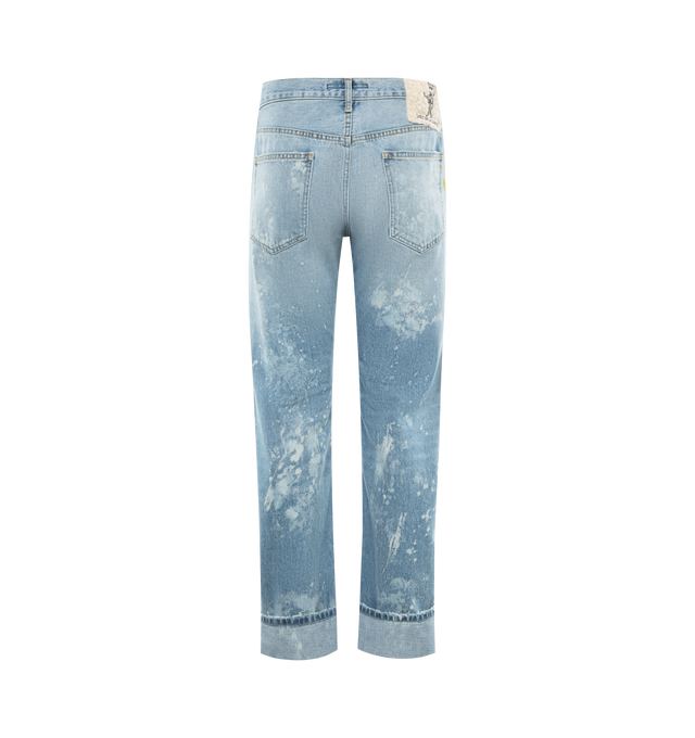 Image 2 of 3 - BLUE - COUT DE LA LIBERTE Bobby Japanese Shuttle Selvage Denim Relaxed Jeans featuring button front closure, 5 pocket styling, distressing throughout and cuffed hem. 98% cotton, 2% elastane. Made in USA. 