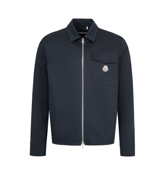 Image 1 of 3 - NAVY - MONCLER Cotton Blend Gabardine Shirt Jacket featuring zipper closure, pockets with snap button closure, chest pocket and adjustable cuffs. 98% cotton, 2% elastane/spandex.