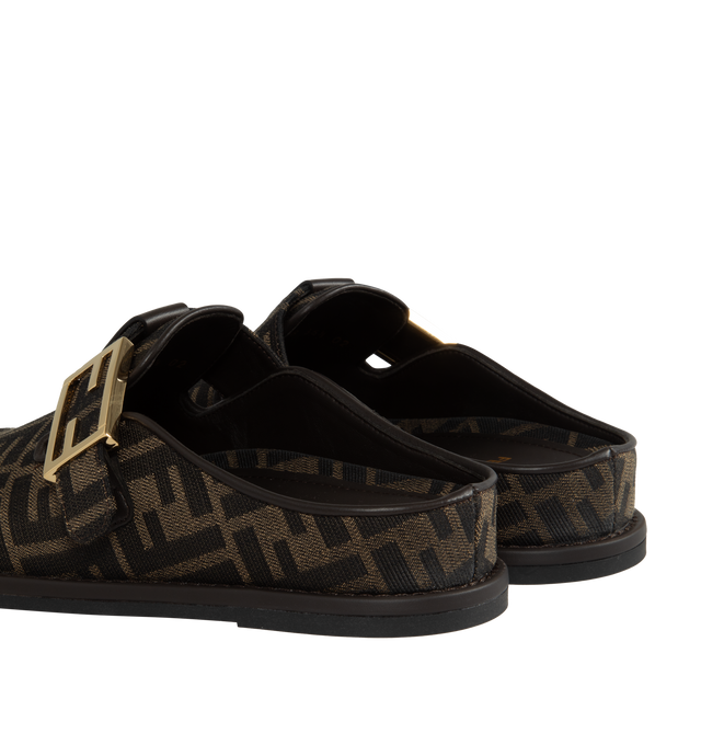 Image 3 of 4 - BROWN - FENDI Feel Mule featuring round-toe, FF strap, jacquard fabric and gold-finish metalware. 50% polyester, 50% polyamide. Inside: 100% lamb leather. Made in Italy.