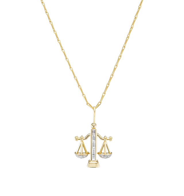 Image 1 of 1 - GOLD - BRENT NEALE Medium Zodiac Pendant Necklace featuring 18K yellow gold, rhodium, diamond rounds and diamond baguettes. 25mm x 20mm. Chain: 18" Wheat Chain.