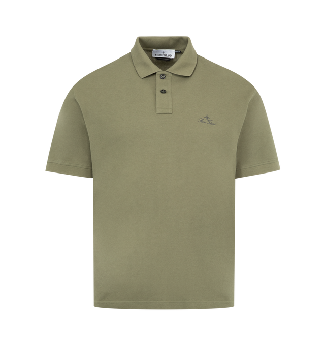 Image 1 of 2 - GREEN - STONE ISLAND Cotton Polo featuring ribbed collar, sleeve cuffs, two-button fastening, Stone Island logo script embroidery on chest and regular fit. 100% cotton.