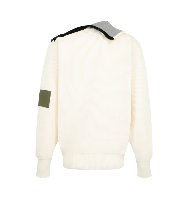 Image 2 of 3 - WHITE - Loewe Women's Sweater is crafted from medium-weight wool and features a relaxed-fit silhouette with a regular length. Designed with an asymmetric zip-up collar featuring a contrast reverse and a Double L embossed leather patch on the left sleeve. Main Material: 100% Wool. Made in Italy.
