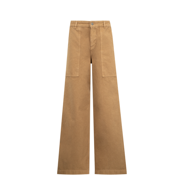 Image 1 of 3 - BROWN - MONCLER Cotton Trousers featuring cotton canvas, zipper and button closure, side pockets and leather logo patch. 100% cotton.
