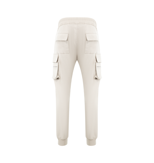 Image 2 of 3 - WHITE - RICK OWENS Mastadon Cargo Pants featuring slim-fit, stretch GOTS-certified organic cotton, drawstring at elasticized waistband, four-pocket styling, button fly, pen slots at front, elasticized cuffs and cargo and zip pocket at outseams. 97% cotton, 3% elastane. Made in Italy.