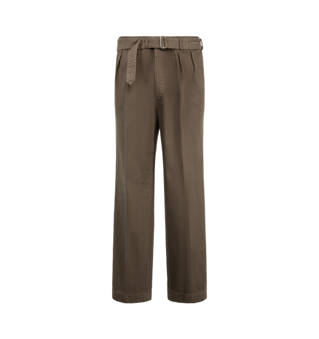 Image 1 of 3 - BROWN - Kaptain Sunshine Men's Dyed Denim Riviera Pants are crafted from the brand's signature 13.5 oz cotton denim, treated through a mercerization process and finished with garment dyeing for enhanced depth of color and character. Designed with a relaxed-fitting silhouette, these trousers feature a self-belted waist, two front pleats, a button-fly closure, and flap welt pockets at the back. Main Material: 100% Cotton. Fit: Relaxed. Made in Japan.