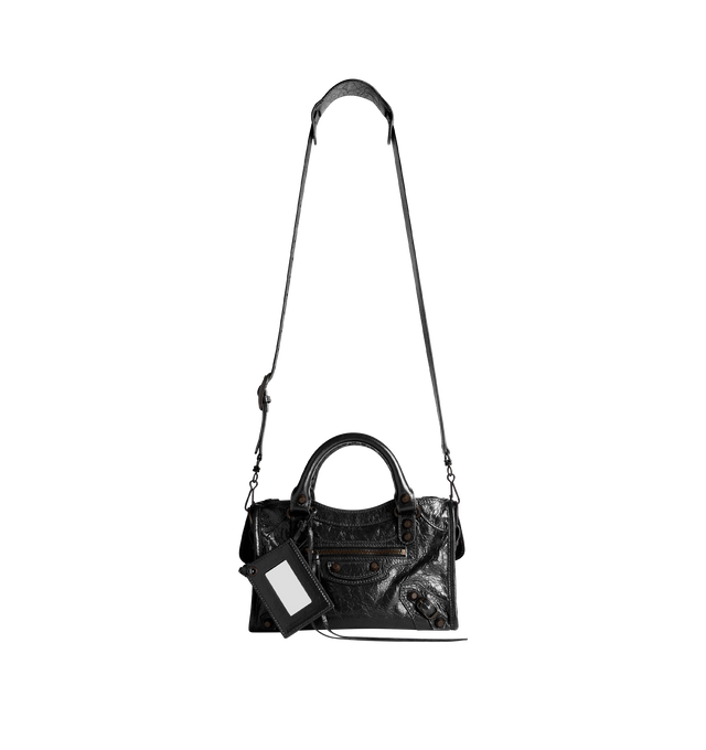 Image 3 of 4 - BLACK - BALENCIAGA Le City Bag Mini in Arena lambskin featuring two hand-braided handles with waxed cord, removable and adjustable strap with shoulder pad, double-sided zip with long tails and knotted leather puller, front zipped pocket with knotted leather puller, 1 inner zipped pocket, 1 removable mirror, tone-on-tone Balenciaga logo debossed on mirror and cotton canvas lining. 9.45" x 6.3" x 3.5". Lambskin, cotton. Made in Italy.