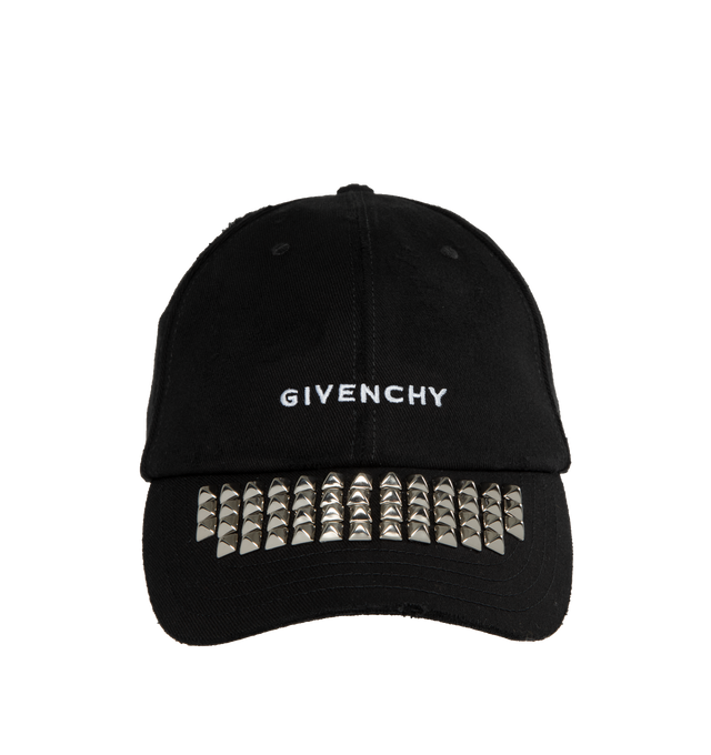 Image 1 of 2 - BLACK - GIVENCHY STUD LOGO CAP featuring embroidered eyelets at crown, logo embroidered at face, stud detailing at curved brim, logo graphic embroidered at back face, cinch-strap at back face, grosgrain browband and logo-woven satin lining. 100% cotton. Lining: 100% cupro. Made in Italy. 