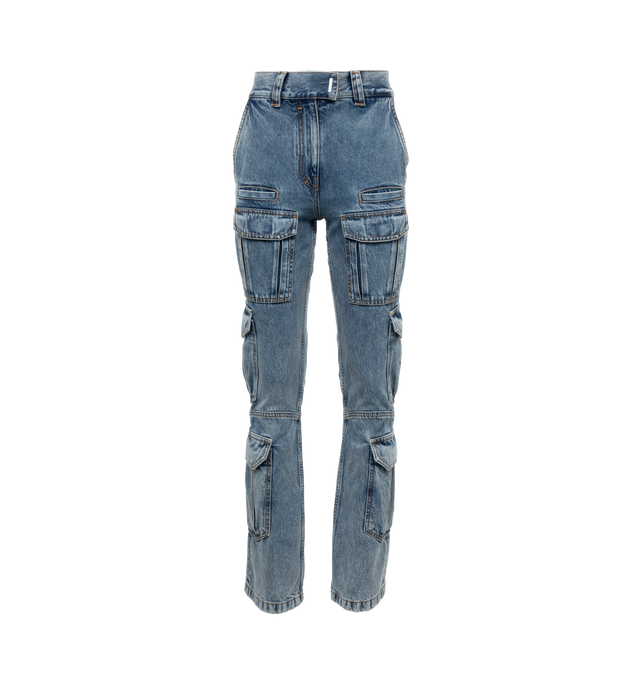 Image 1 of 3 - BLUE - GIVENCHY Cargo Denim Boot Cut featuing belt loops, zip-fly, patch and zip pocket at outseams and logo-engraved silver-tone hardware. 100% cotton. Made in Italy. 
