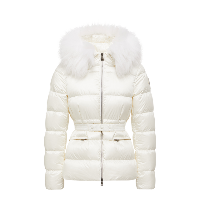 Image 1 of 1 - WHITE - Moncler Women's Boed Hooded Shearling-Trimmed Short Down Jacket is crafted from longue saison nylon and features a down-filled construction, a detachable long-haired shearling-trimmed hood, a front zip closure, zipped pockets, and an elastic belt with a snap-button closure that defines the waist. This designer down jacket combines lightweight warmth with a refined, feminine silhouette for elevated cold-weather wear. Main Material: 100% Polyamide (Nylon). Lining: 100% Polyamide (Nylon)