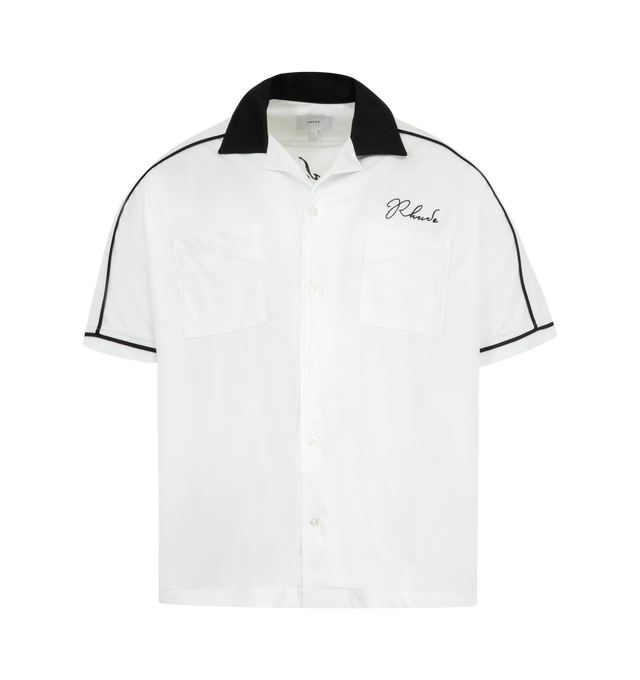 Image 1 of 2 - WHITE - RHUDE Fonda Del Sol Bowling Shirt featuring front button fastening, contrasting spread collar, contrasting trim, logo print at the chest, two front patch pockets, short sleeves, slogan print to the rear and straight hem.