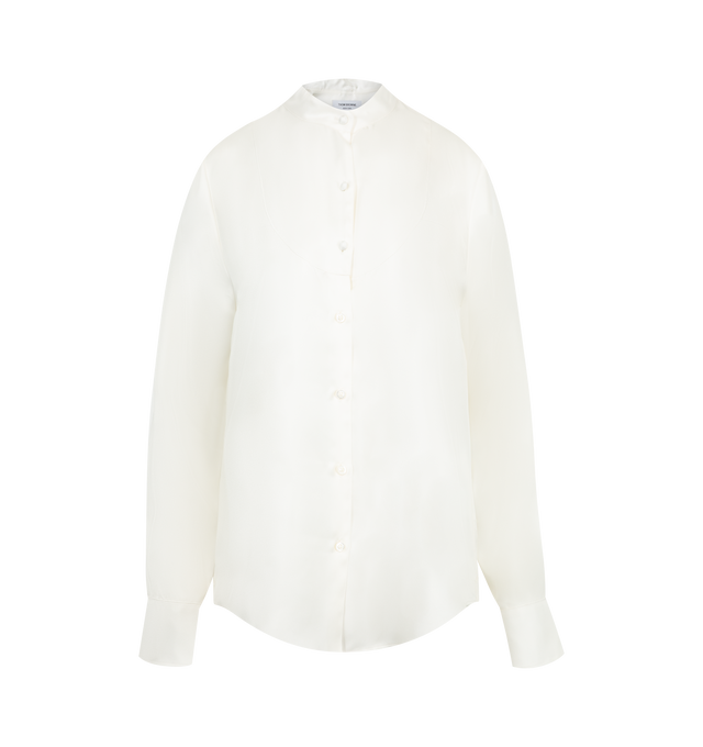 Image 2 of 3 - WHITE - THOM BROWNE Bow Silk Twill Shirt featuring a tie-neckline with a removable bow detail, grosgrain ribbon details the nape of the neck, band collar, long sleeves, barrel cuffs, shirttail hem and button-front closure. 100% silk. Made in Italy.