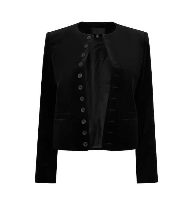 Image 1 of 3 - BLACK - NILI LOTAN Patti Jacket featuring slim cropped fit, velvet, shoulder pads, welt pockets, decorative logo horn buttons at front and cuff, back seams and fully lined. 98% cotton 2% elastane.