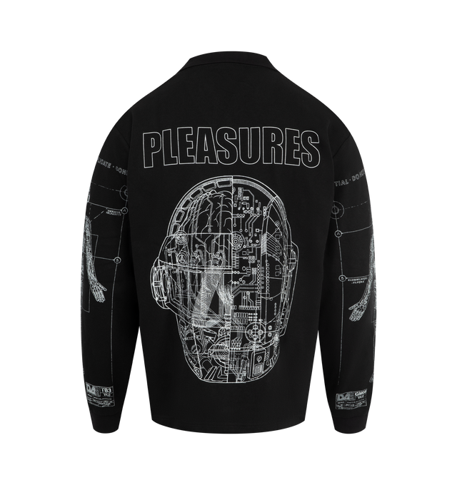 Image 2 of 3 - BLACK - PLEASURES X DAFT PUNK Schematic Long Sleeve Polo featuring goalie jersey, long sleeves, plastisol printed graphics throughout. 100% polyester heavyweight pique knit.