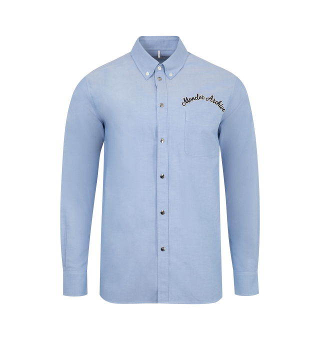 Image 1 of 2 - BLUE - Moncler Men's embroidered logo shirt crafted from Oxford cotton. Featuring an embroidered varsity-style logo, classic collar with mother-of-pearl button closure, snap button closure, pockets with snap button closure and adjustable cuffs.