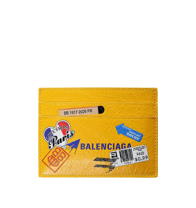 Image 1 of 2 - YELLOW - BALENCIAGA Cash Card Holder featuring artwork printed Arena lambskin, Balenciaga logo printed at front, 4 card slots and 1 bill compartment. 3.9" x 2.9" x 0.4". Leather. Made in Italy.