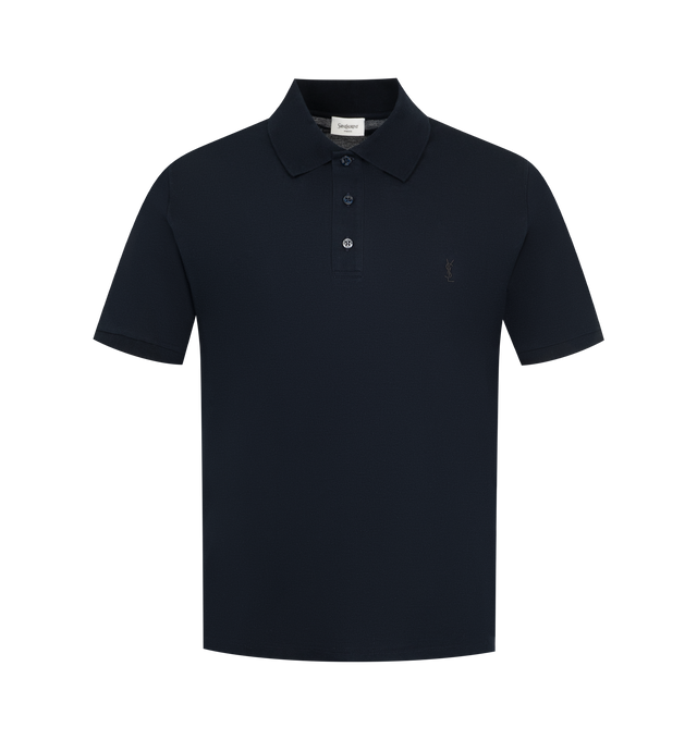 Image 1 of 2 - BLUE - Saint Laurent Men's Piqu Cotton Polo Shirt with Cassandre Embroidery is crafted from recycled cotton piqu and features a classic short-sleeve silhouette with a ribbed polo collar. Designed with a three-button placket and signature Cassandre embroidery at the front, this designer polo offers a refined take on an everyday menswear staple. Main Material: 100% Recycled Cotton. Collar: Ribbed Polo Collar. Closure: Three-Button Placket. Details: Cassandre Embroidery. Made in Italy.