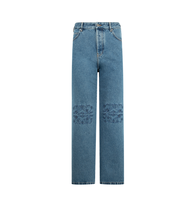 Image 1 of 3 - BLUE - LOEWE Anagram Baggy Jeans in medium-weight washed cotton denim featuring an Anagram embroidery at the knees?, relaxed fit, regular length, mid waist, loose leg, concealed button fly, five pocket style? and LOEWE embossed leather patch placed at the back. 100% cotton. Made in Italy.
