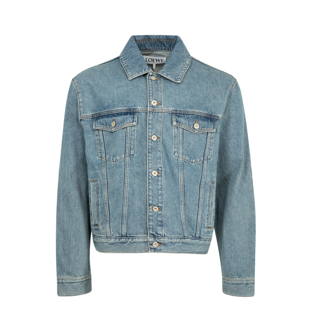 Image 1 of 3 - BLUE - LOEWE Anagram Jacket featuring regular fit, regular length, classic collar, button front fastening, buttoned cuffs, buttoned chest flap pockets, welt pockets, LOEWE embossed leather patch placed at the back and contrast Anagram cut-outs at the elbows. 100% cotton.