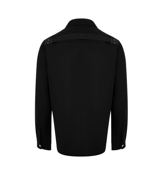 Image 2 of 2 - BLACK - RICK OWENS Overshirt featuring spread collar, button closure, flap pockets, droptail hem, beveled side seams, saddle shoulders, adjustable button fastening at cuffs, integrated logo-woven strap at interior and silver-tone hardware. Made in Italy.