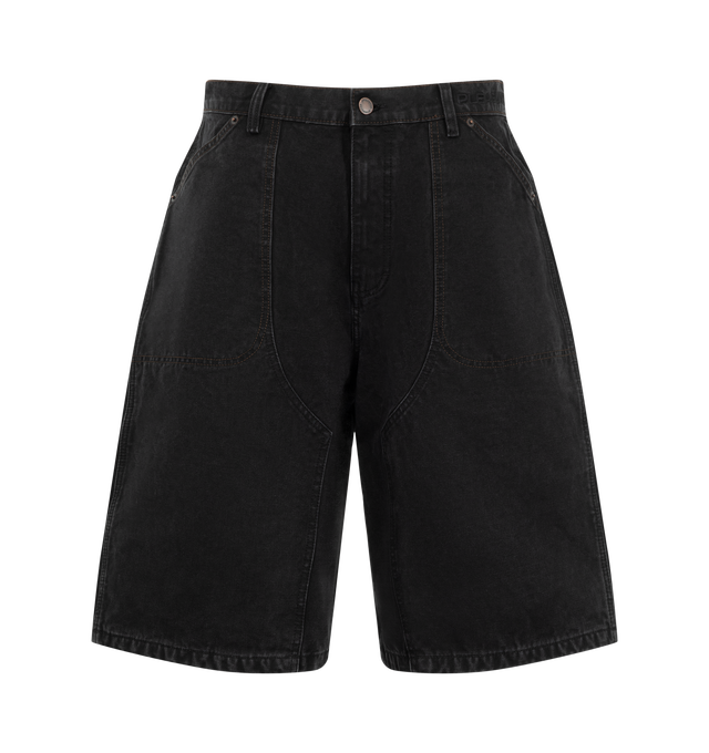 Image 1 of 3 - BLACK - Pleasures Men's Ultra Work Shorts are crafted from durable cotton canvas and feature a relaxed, baggy workwear-inspired silhouette. Designed with a zip fly, metal shank button closure, and reinforced metal rivets, the shorts are finished with contrast stitching at the front pockets and a woven logo patch at the back pocket. Main Material: 100% Cotton Canvas.